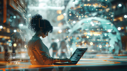 Woman sitting with technology all around her