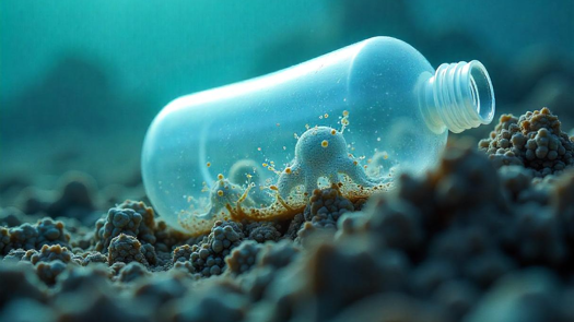A zoomed in shot of a plastic with bacteria inside that is degrading in the ocean after E.V.A's bacterial innovation (Creds: FreePik AI)