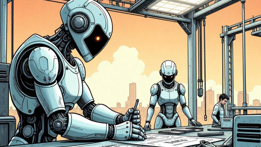 Illustration of service robots making plans in a workplace environment